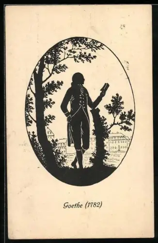 AK Goethe mit Buch in der Hand nahe einer Ortschaft (1782)