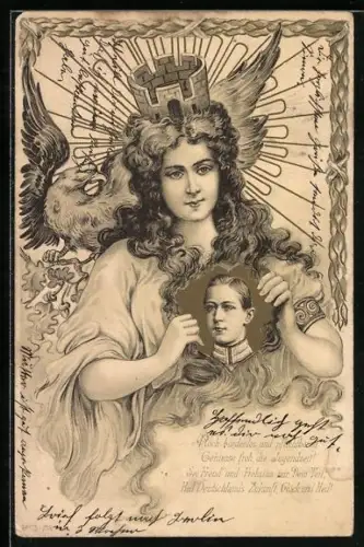 AK Frau hält Bild von Kronprinz Wilhelm von Preussen, Adler