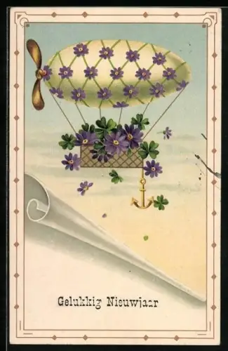 AK Zeppelin mit Blumen, Neujahrsgruss