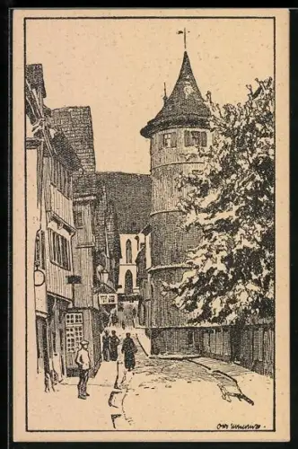 Künstler-AK Clarence F. Underwood: Langegasse und Konbitt in Tübingen