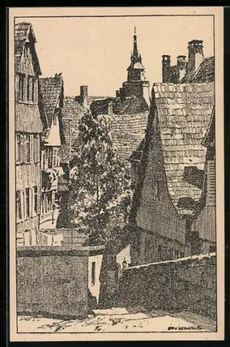 Künstler-AK Ubbelohde: Tübingen, Stiftskirche vom Schlossberg aus