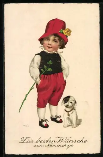 Künstler-AK Marie Flatscher (M.FL.): Kind mit rotem Hut und kleinem Hund, Namenstag