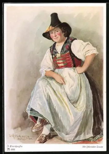 AK Frau in tiroler Tracht mit Hut schlägt die Beine übereinander