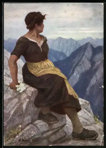 Künstler-AK Thomas Walch: Frau im Kleid geniesst die Aussicht in den Bergen