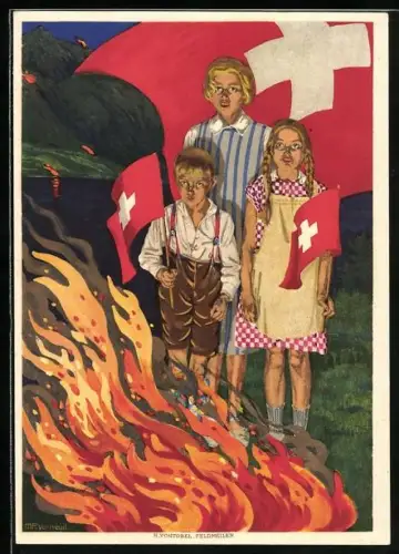Künstler-AK Bundesfeier 1930, Schweizer Kinder mit Flaggen am Lagerfeuer