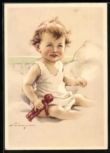 Künstler-AK Puppe, Kleinkind spielt in seinem Bett