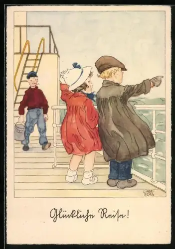 Künstler-AK sign. Lindeberg: Zwei Kinder auf einem Schiff