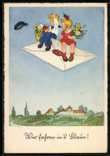 Künstler-AK sign. Lindeberg: Kinder fliegen mit Blumensträussen auf einem Brief