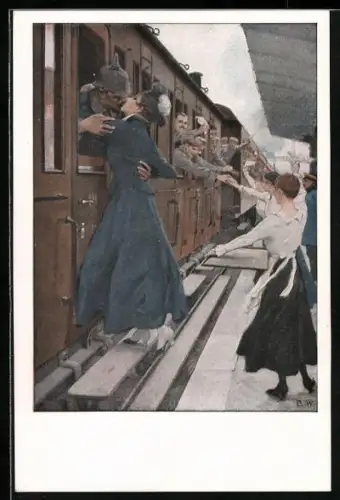 Künstler-AK Brynolf Wennerberg: Der Kuss, Verabschiedung von Soldaten am Bahnhof