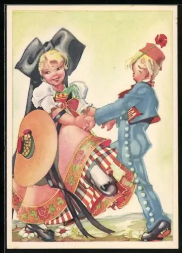 AK Kleines Mädchen mit übergrosser Haarschleife tanzt mit Jungen, elsass-lothringische Tracht