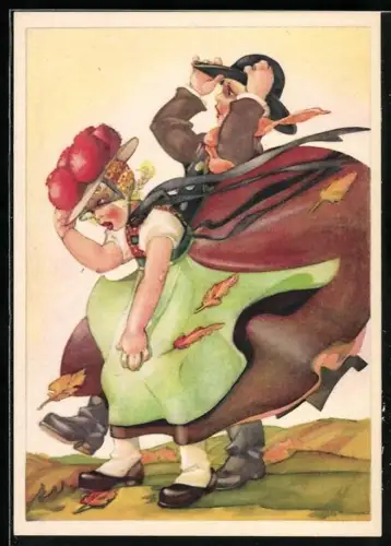 AK Paar in Schwarzwälder Tracht bei Wind