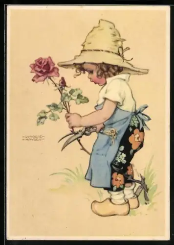 Künstler-AK Lungershausen: Mädchen schneidet mit Gartenschere eine Rose ab