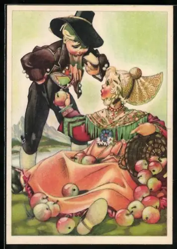 AK Trachten aus Oberösterreich, Kinder aus der Gegend von Linz mit Äpfeln