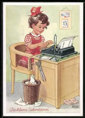 Künstler-AK sign. Dörfel: Die kleine Sekretärin, Mädchen an der Schreibmaschine