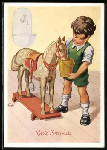 AK Gute Freunde, Junge füttert sein Schaukelpferd