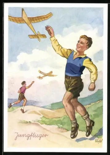 Künstler-AK Dörfel: Kinder spielen mit Segelfliegern