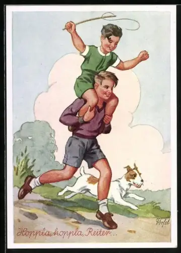 Künstler-AK Dörfel: Hoppla, hoppla Reiter..., Knabe trägt Kameraden auf den Schultern