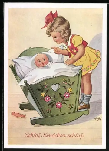 Künstler-AK Dörfel: Schlaf, Kindlein, schlaf!, Mädchen und Säugling in Wiege