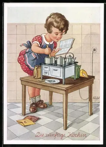 Künstler-AK Dörfel: Die kleine Marie, Mädchen kocht am Herd