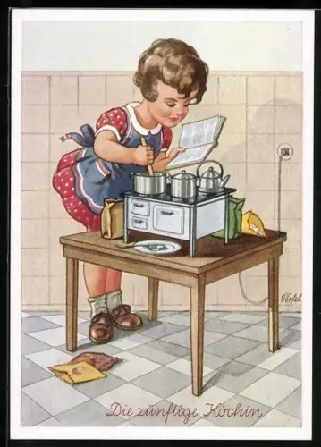 Künstler-AK Dörfel: Die kleine Marie, Mädchen kocht am Herd