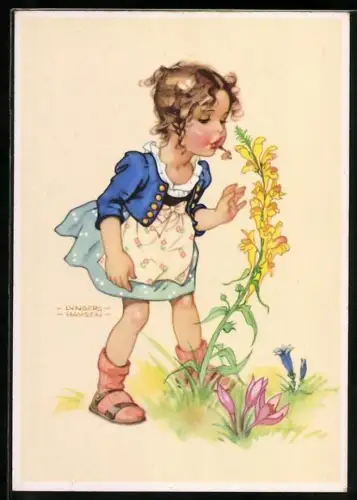 Künstler-AK Ilse Wende-Lungershausen: kleines Mädchen an einer Blume