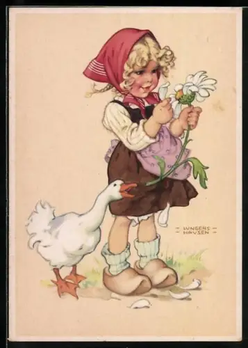 Künstler-AK Ilse Wende-Lungershausen: Kleine Bäuerin und Gans