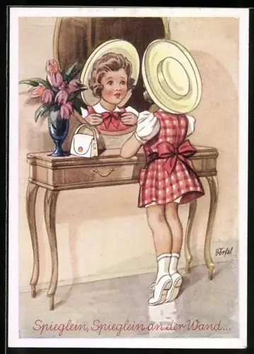Künstler-AK Dörfel: Mädchen mit Hut betrachtet sich im Spiegel