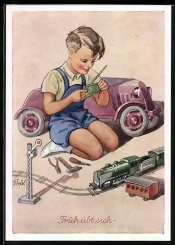 Künstler-AK Dörfel: Serie Kinderlust - Früh übt sich, Kleiner Eisenbahner