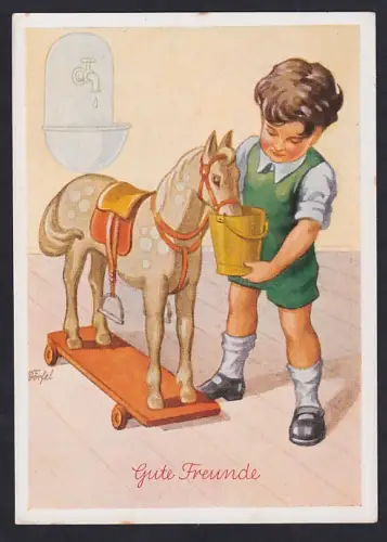 AK Gute Freunde, Junge füttert sein Schaukelpferd