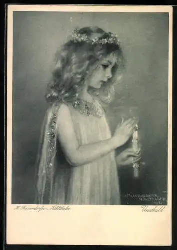 Künstler-AK sign. H. Frauendorfer-Mühlthaler: Unschuld, Mädchen mit Kerze und Blumenkranz im Haar