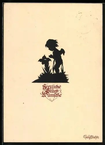 Künstler-AK Georg Plischke: Herzliche Glückwünsche, Engel, Schattenbild