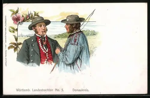AK Württemb. Landestracht, Donaukreis, Fischer unterhält sich mit einem Wanderer, Pfeife