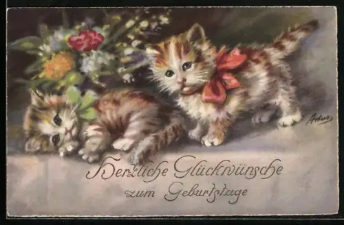 AK Zwei junge getigerte Katzen mit Schleifen, Geburtstagsgruss