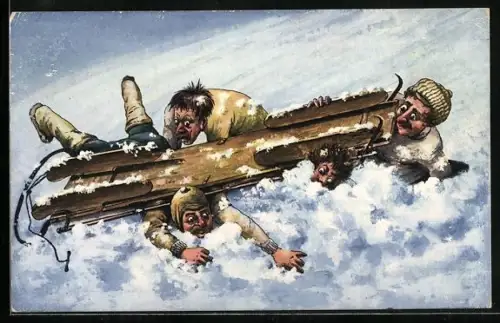 AK Umgekippter Schlitten im Schnee