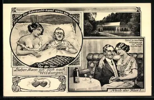 AK Wildungen, Mann mit Liebesleiden, Vor der Kur und Nach der Kur