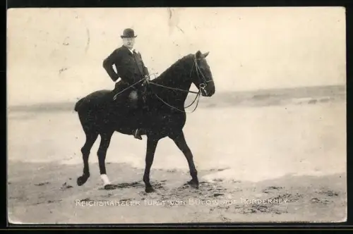 AK Norderney, Reichskanzler von Bülow zu Pferde am Strand