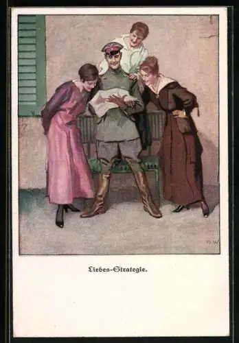 Künstler-AK Brynolf Wennerberg: Liebes-Strategie, Offizier umringt von schönen Frauen
