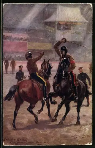 Künstler-AK Harry Payne: Sword v. Sword, Lifeguard and Dragoon, Zwei Soldaten auf Pferden im Gefecht