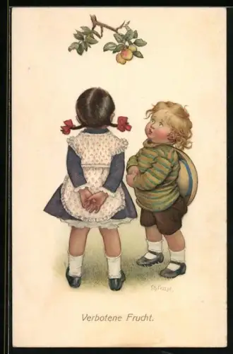 Künstler-AK Susan Beatrice Pearse: Verbotene Frucht, Kinder beobachten einen Apfel
