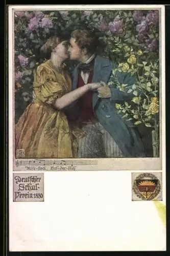 Künstler-AK Karl Friedrich Gsur, Deutscher Schulverein NR 460: Küssendes Liebespaar im Busch, Rosen, Liednoten
