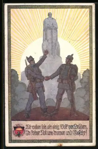 Künstler-AK Ernst Kutzer: Deutscher Schulverein Nr. 665, Deutscher und Österreicher beim Handschlag