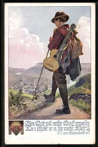 AK Deutscher Schulverein Nr. 878: Wanderbursche mit Gitarre blickt ins Tal