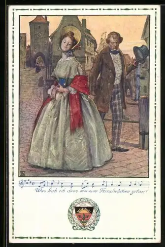 Künstler-AK Karl Friedrich Gsur: Frau zeigt Mann kalte Schulter, Deutscher Schulverein Nr. 40, Noten