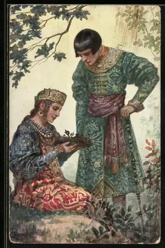Künstler-AK S.Solomko: Gefunden, Frau im bunten Kleid zeigt ihrem Begleiter ein Vogelnest