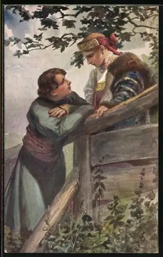 Künstler-AK S. Solomko: Bürgerliches Pärchen am Zaun unter Bäumen