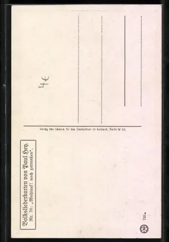 Künstler-AK P. Hey, Volksliederkarte Nr.: 70, Wohlauf! noch getrunken, Gesellschaft trinkt Wein im Garten