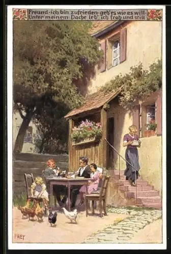 Künstler-AK Paul Hey: Volksliederkarte Nr. 99: Freund, ich bin zufrieden, Familie speist im Freien