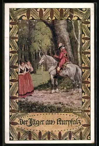 Künstler-AK Ernst Kutzer: Der Jäger aus Kurpfalz begegnet zwei Damen im Walde