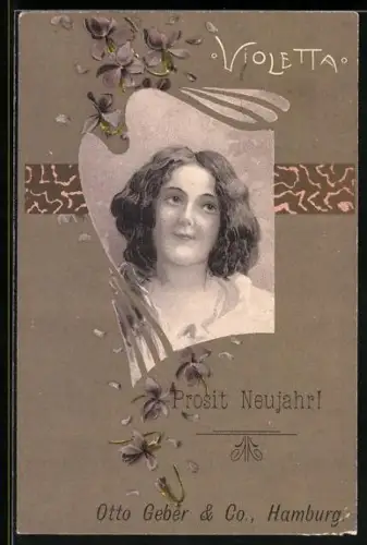 AK Violetta, Mädchenbildnis, Neujahrsgruss, Jugendstil