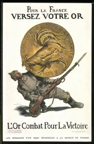 AK Deutscher Soldat wird vom gallischen Hahn überwältigt, Pour la France versez votre Or, Propaganda
